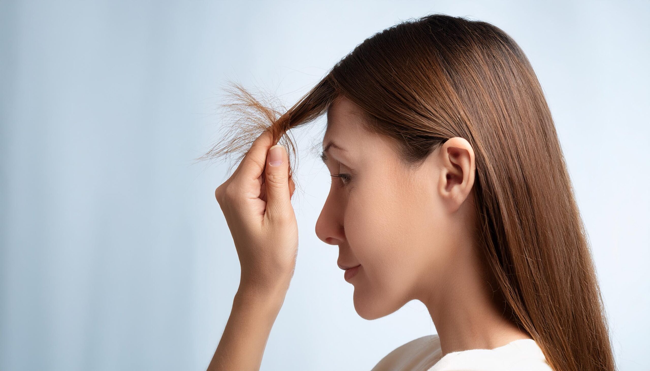 Mujer tocando un mechón de pelo preocupada por su cabello